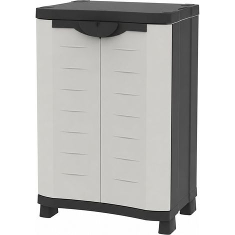 Armoire de rangement basse 2 portes et 2 étagères réglables pour intérieur/extérieur coloris beige/noir - Longueur 90 x Profondeur 45 x Hauteur 100 cm (1/5)