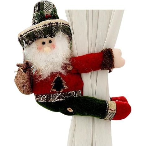 Support de rideau de Noël Patère de porte 3 styles - 29x24cm Poupée en peluche Santa, Bonhomme de neige, Renne, Écharpe de rideau à accolade latérale, Décorations de Noël Cadeau (Vieil Homme)
