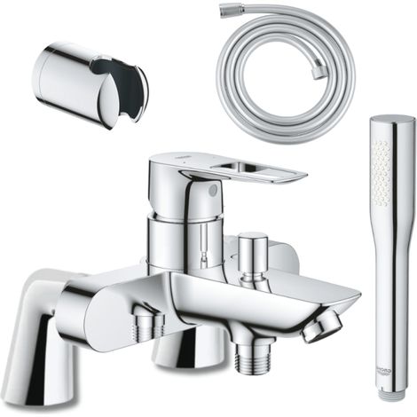 Mitigeur mécanique GROHE Start Loop avec colonnettes + Douchette 1 jet Vitalio Get Stick + Flexible 1750 mm et support