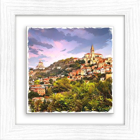 Lupia - Quadro moderno con paesaggi e localismi italiani, Ceramica e Stampa Rilievo, Cornice Legno Shabby Modern bianca, Decorazione Parete, Quadretti Soggiorno, 29x29 cm, PERUGIA PANORAMA (1/4)