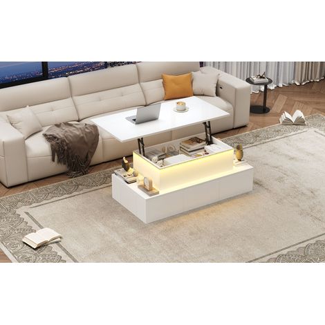 Table basse relevable 1005040cm avec 4 tiroirs, table d'appoint brillante avec LED, table de salon avec rangement caché, blanc, MDF (1/5)