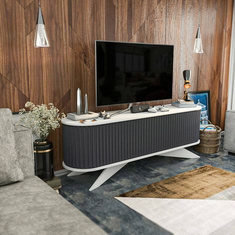 Dmora - Mueble de televisión Aludra, Aparador de salón, Mueble bajo para TV, Base de pared equipada, 180x43h60 cm, Antracita y Blanco, con embalaje reforzado (1/5)