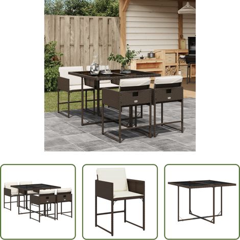 Essgruppe - 5-tlg. Garten-Essgruppe mit Kissen Braun Poly Rattan (1/5)