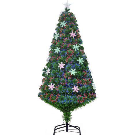 Sapin de Noël artificiel 150cm avec lumières LED, décoration de Noël avec lumières multicolores, flocons de neige et fibre optique
