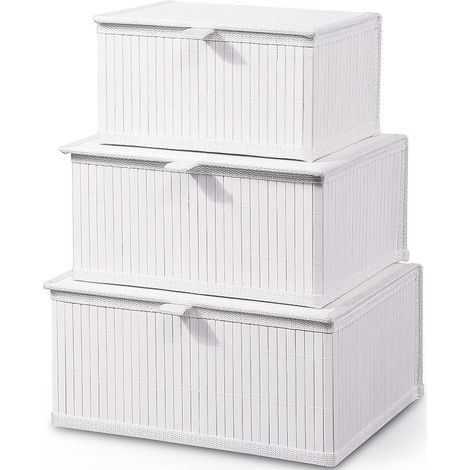 Panier Rangement avec Couvercle - Blanc Boite Decorative Bambou Organiser Osier et Doublure en Tissu Tissé pour la Maison, Cuisine, Salle de Bain Grand Moyen Petit (1/3)