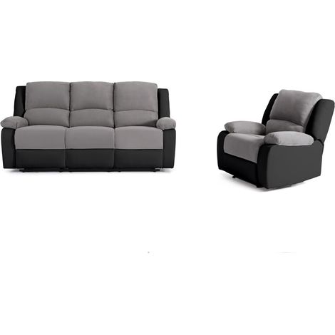 Loungitude – Canapé relax 3 places et fauteuil 1 place – Microfibre grise et simili noir – Inclinaison jusqu'à 170° – Confort optimal avec mousse