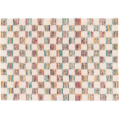 Tapis rectangulaire à poils longs motif carré multicolore 120 x 170 cm