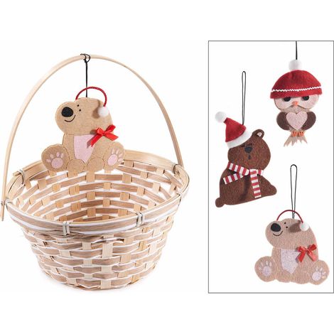 Cestini rotondi in bambù naturale con manico, decoro animaletto autunnale in panno: gufo e orsi assortiti, set da 3 pezzi, Cestino: Ø 20 cm x 10 H