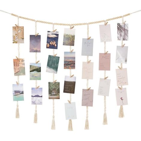 Présentoir à photos suspendu 5 m – Guirlande photo en macramé avec 200 pinces – Décoration bohème avec perles en bois – Pour chambre, salon et étudiant (1/5)