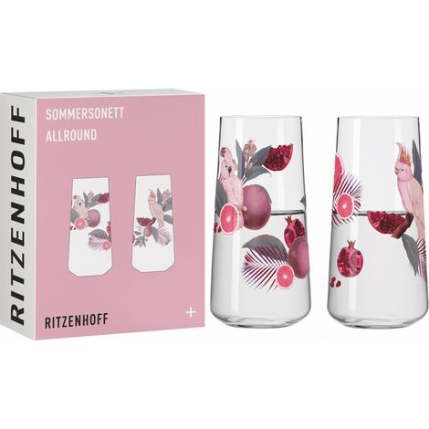 Lot de 2 verres universels, 600 ml, série Sommersonett, motif cacatoès, fabriqués en Allemagne, Rose, Gris. (1/5)