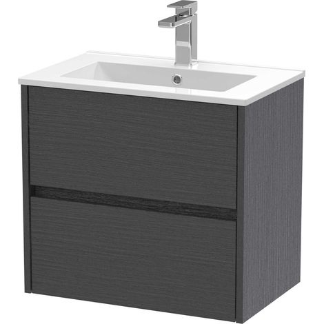 Nuie Havana Graphite Grey Woodgrain 600mm Wall Hung 2 Drawer Vanity Unit and Minimalist Ceramic Basin - HAV2204B (1/4)