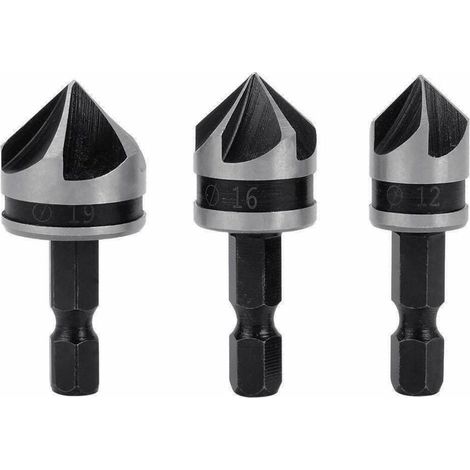 3pcs 1/4" Hex HCS Fraise à Chanfreiner 5 Flûte Foret Embouts pour phanfreiner Évier à Fraise Conique 12mm/16mm/19mm Pour Bois Métal (1/3)