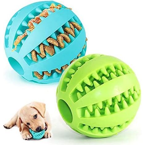 Juego de 2 pelotas de goma para perros, juguetes para masticar para perros grandes y pequeños, pelota divertida (verde y azul) (1/5)