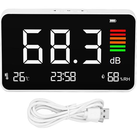 Testeur de niveaux sonores avec affichage de la température et de l'humidité - Rechargeable - Pour bureau - 30 à 130 dB - Son rechargeable (1/5)
