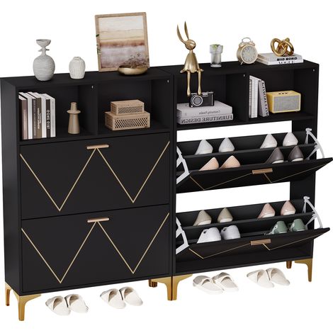 Scarpiera da Ingresso 80x25x117 cm, con 4 Ante a Ribalta e 8 Scomparti, Design a Gambe Rialzate in MDF e Metallo, Nero (1/5)