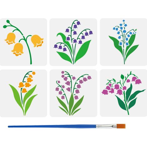 6Pcs Pochoirs Muguet Avec 1 Pinceau 15x15cm Pochoir Fleur Reutilisable en Plastique Motif Végétal Modèle Fleur pour Peinture sur Mur Bois Meuble DIY Décoration Maison (1/5)