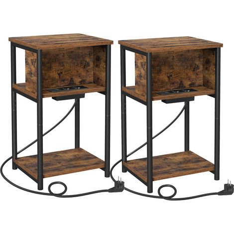 Vasagle – Lot de 2 tables d'appoint avec multiprise – 2 prises CA, 2 ports USB – Dimensions 30 x 34 x 58 cm – Marron rustique et noir