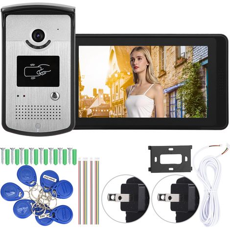 Sonnette vidéo HD filaire WiFi 7 pouces, interphone de porte avec télécommande, système de visiophonie pour maison (prise US). (1/5)