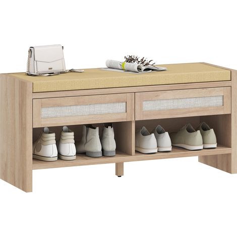 Banc chaussures entrée, banc de rangement, assise rembourrée en lin, 2 tiroirs en rotin et étagère ouverte, chêne (1/5)
