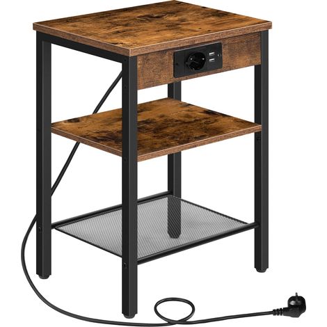 HOOBRO Tavolino con Stazione di Ricarica e Porta USB, Comodino a 3 Ripiani con Ripiani Regolabili, Tavolino Stretto per Soggiorno, Camera da Letto e Balcone, Marrone Vintage e Nero EBF112CBZ01 (1/5)