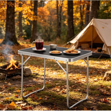 Mesa plegable de jardín en aluminio, hierro y MDF negro, ligera y portátil con asa (1/5)