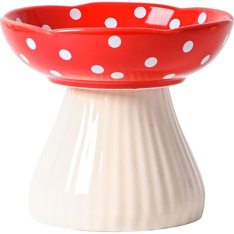 Gamelle surélevée en céramique pour chats, large et peu profonde avec support, en forme de champignon avec fonction anti-vomissement pour chatons et chats âgés (rouge) (1/5)