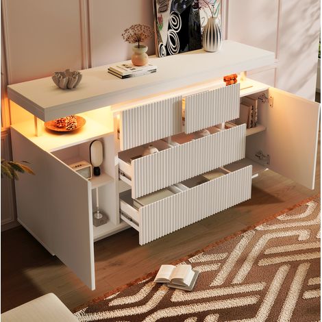 Credenza LED 150 x 40 x 78 cm con 6 cassetti e 2 ante, struttura sospesa, legno bianco, metallo (1/5)