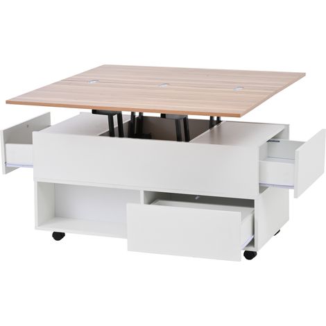 Table basse relevable 100 x 50 x 52 cm, à 4 roulettes, multifonction, 4 tiroirs, table basse de salon réglable en hauteur, table d’appoint et table à manger avec rangement, blanc + couleur bois