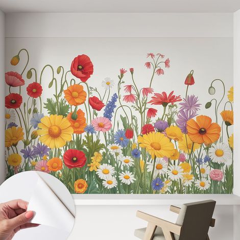 Papier peint autocollant décoratif à motifs pour salon chambre et bureau Tapete adhésif pour décoration Prairie fleurie 152x104 cm (1/5)