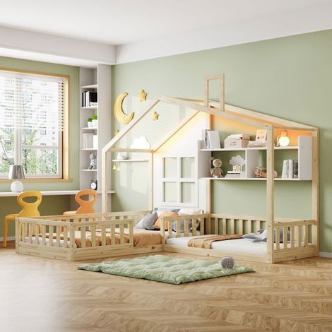 lit enfant 90x200, garde-corps sécurité lit cabane enfant, structure bois massif, étagères intégrées, fenêtre, bande LED, sommier (1/5)