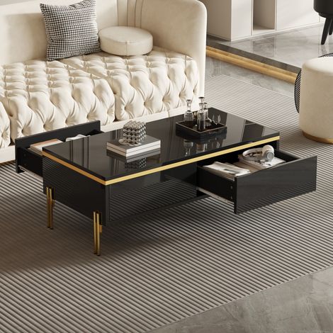 Tavolino da Caffè Rettangolare con 2 Cassetti Nascosti, Gambe in Metallo, Finitura Lucida, per Soggiorno, Nero, 100×50×36 cm (1/5)