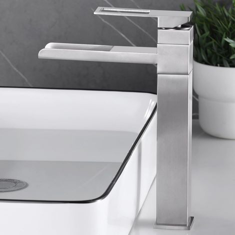 Rubinetto miscelatore per lavabo alto, rubinetto da bagno a cascata, rubinetto miscelatore girevole a 360°, rubinetto miscelatore per lavabo, acqua calda e fredda regolabile, finitura spazzolata, 6M2O (1/5)