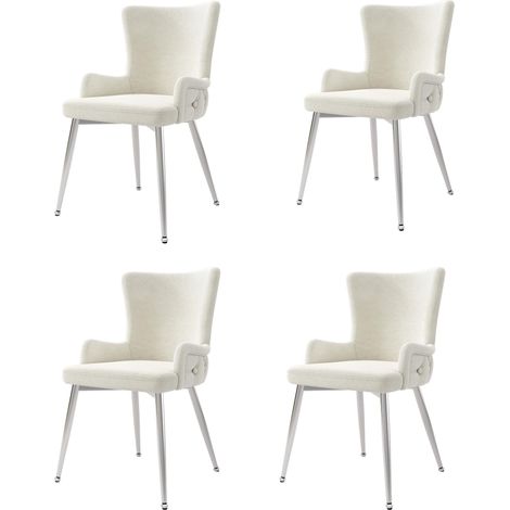 Juego de 4 sillas de comedor minimalistas modernas de terciopelo beige con cuatro patas de metal plateado, ideales para oficina en casa, sala de estar y dormitorio. (1/5)