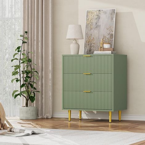 Commode verte avocat à façade ondulée, 3 tiroirs, poignées et pieds dorés en métal, meuble décoratif étroit pour intérieur (1/5)