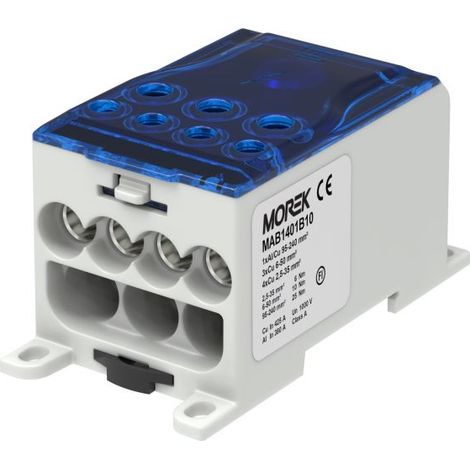 Bloc distribution alu cuivre 400A bleu - entrée 1x240mm² - sorties 4x35/3x50mm² - MOREK