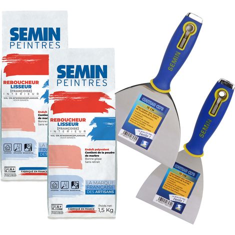 Lot de 2 enduits de rebouchage et lissage en poudre Reboucheur Semin - intérieur - Sac de 1,5 kg, un couteau à enduire multifonctions CE 78 - 10 cm et un couteau à enduire - 15 cm (1/5)