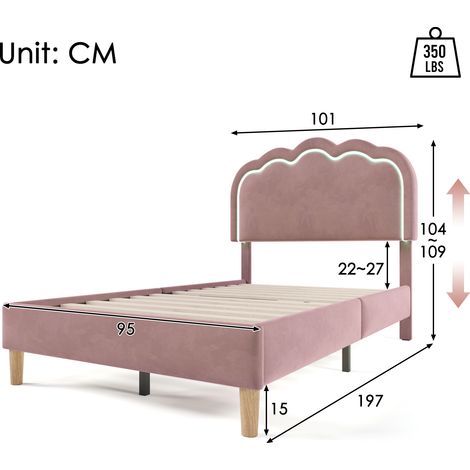 Lit capitonné avec éclairage LED, lit simple 90 x 190 cm, cadre de lit à lattes et tête de lit réglable, lit capitonné rose, cadre de lit pour chambre d'enfant ou chambre d'amis - velours (1/5)