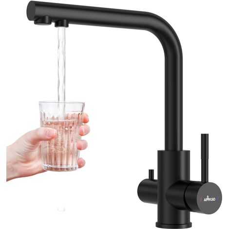 Robinet de cuisine 3 voies noir, mélangeur 3 en 1 pour filtre à eau, rotatif à 360°, robinet d'eau potable à 2 leviers, robinet à trois voies en acier inoxydable (1/5)