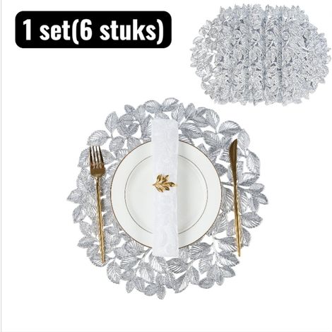 lot (6 pièces) - Set de table - Dessous de verre - Set de table rond en PVC - Dessous de verre - Motif feuille découpé avec dorure/argenture - Dessous de verre imperméable et antidérapant - Argent (1/5)