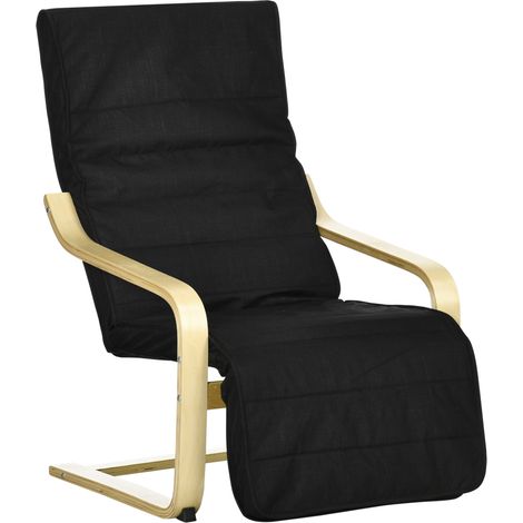 Fauteuil relax avec repose-pieds réglable en bois de bouleau et tissu coton noir (1/5)