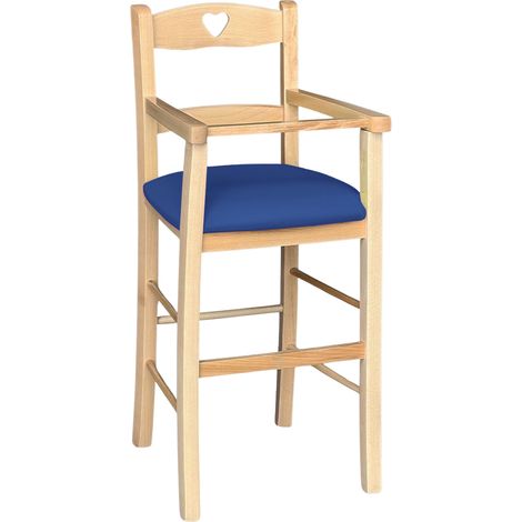 Seggiolone legno color naturale sediolone con seduta imbottita in similpelle blu