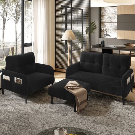 Sofá modular de salón de 3 piezas de tela acanalada negra con almacenaje, FloraGrace (1/5)