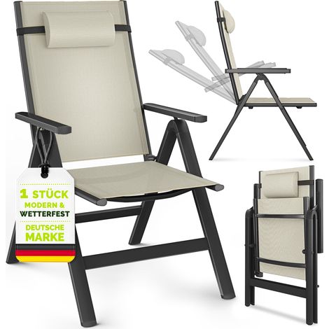 tillvex Gartenstuhl Premium 1 Stück Beige klappbar aus Aluminium Hochlehner mit Armlehnen Klappstuhl verstellbar Klappsessel Balkon Garten Terrasse