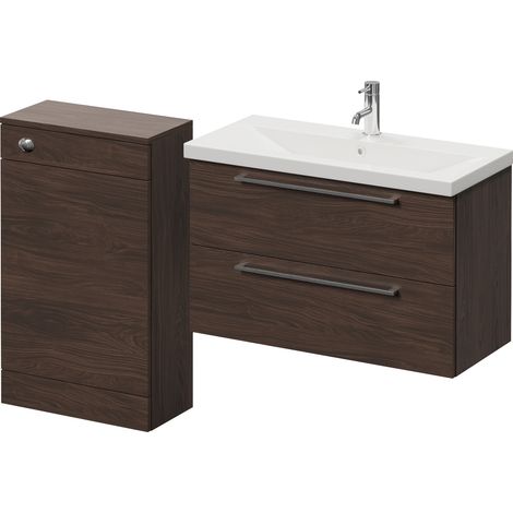 Napoli 390 Brown Oak 1300mm Wall Mounted 2 Drawer Vanity Unit and Toilet Suite with Glide Basin - 1300mm - Chrome 480mm HandleWithout Kingston Toilet Pan