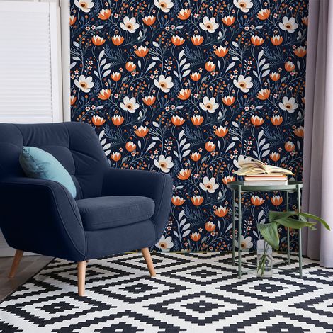 Papier peint intissé pré-encollé - FLEURS BLANCHES ET ORANGES - 1 rouleau de 300x60cm (1/5)