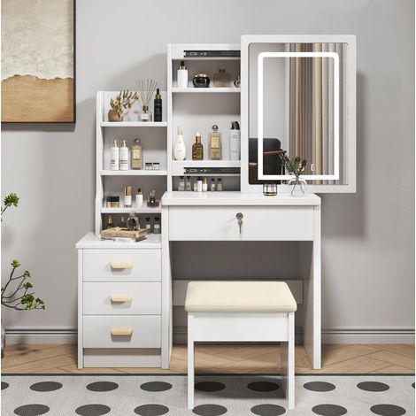 Toeletta con specchio LED, 83.0x55.5x17.0 cm, 3 modalità luce, 4 cassetti, MDF bianco (1/5)