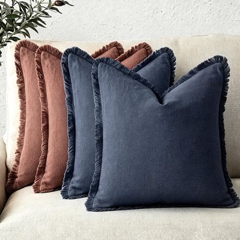 Juego de 4 fundas decorativas de lino para cojines con flecos. Fundas acogedoras de estilo bohemio con borla，color verde militar，45 x 45 cm，verde (1/5)