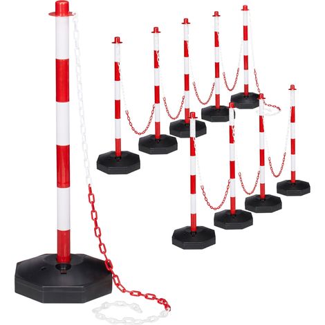 Relaxdays Postes barrera, pack de 10 con cadena, plástico, base rellenable, 82x28x28 cm, rojo/blanco