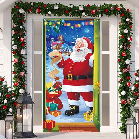 Décoration Couverture de Porte de Noël Toile de Fond de Père Noël Couverture de Porte de Noël Suspendue Toile de Fond de Veille de Noël Bannière (1/5)