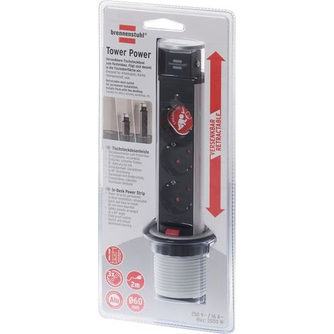 Brennenstuhl – Multiprise de table 3 prises – Encastrable Ø 60 mm – Câble 2 m – Para-foudre et para-surtenseur pour usage professionnel